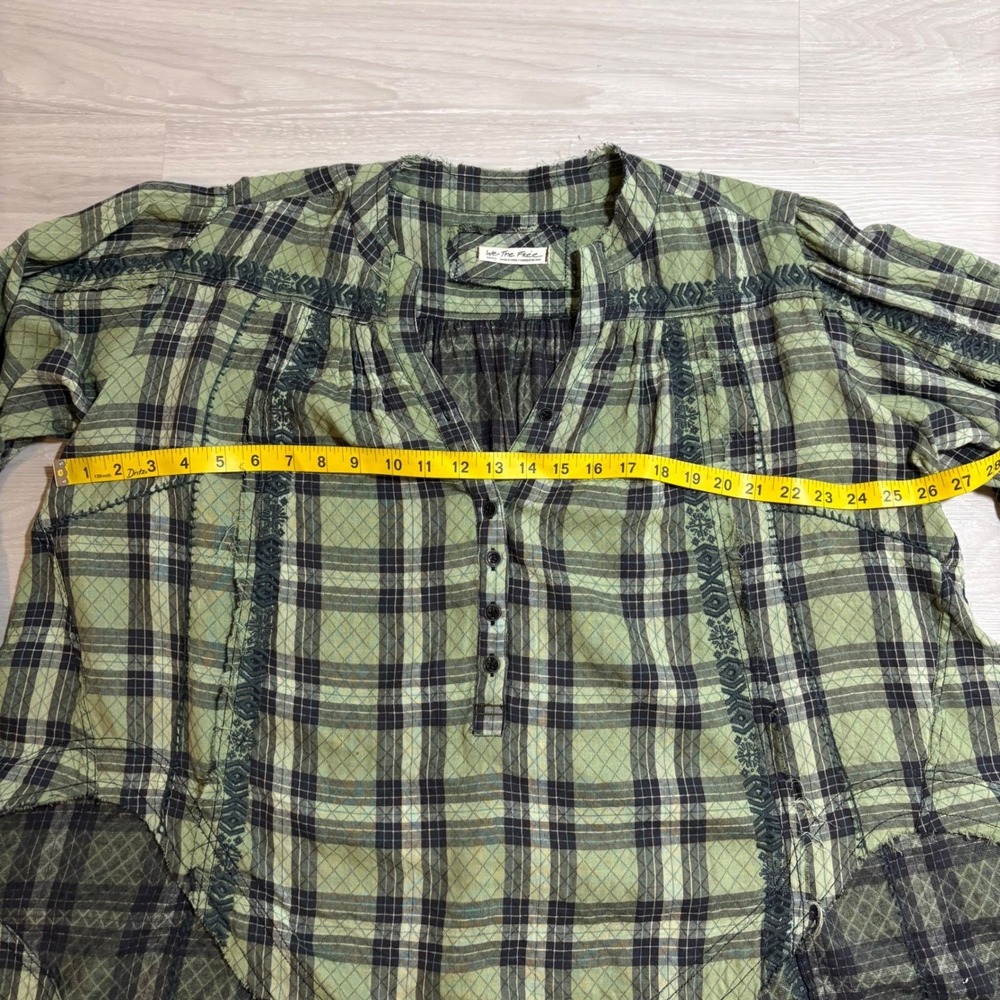 Free People Blouse Women Green Plaid Embroidered Henley Boho Raw Hem Size S - Picture 6 of 16